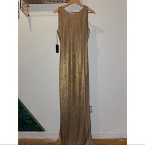 Gold Maxi Dress With High Slit + Low Back